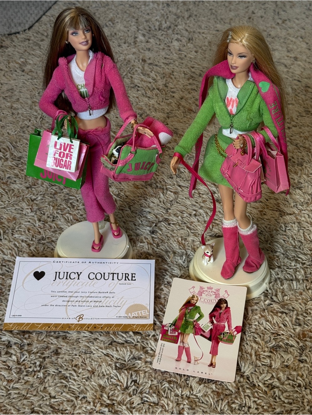 2004 Y2K Mattel Gold Label x Juicy Couture Barbie Collectible Dolls Pink & Green